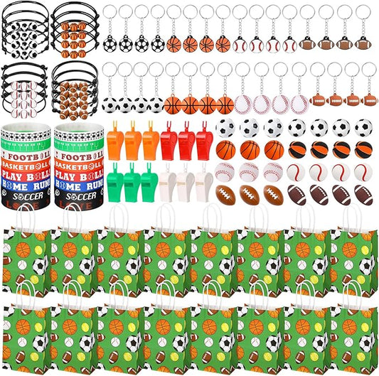 144 Pcs Sport Party Favors, Baseball Basketball Soccer Football Goodie Bag Fillers, Mini Stress Ball Stickers Whistle Keychain Charm Bracelet Wristbands Erasers for Sport Party Supplies(Sport)