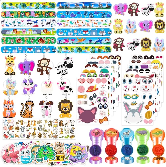 120pcs Jungle Safari Party Favors Set Stickers Keychains Rings Slap Bracelets Baby Shower Goodie Bag Fillers Jungle Safari Party Supplies Wild Theme Party Favors for Kids
