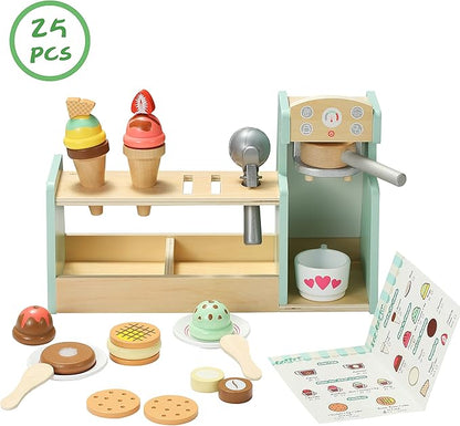 Giant bean Wooden Ice Cream, Coffee and Frozen Treat 3-in-1 Counter Playset, 25 PCS Toddler Pretend Play Kitchen Accessories, Kids Wooden Toys for 1+, Christmas Birthday Gift for Kids