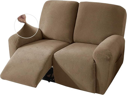 JIVINER Loveseat Recliner Covers, Jacquard 4 Piece Recliner Sofa Cover with Pockets Washable Lazy Boy Reclining Couch Protector with Elastic Bottom (Recliner Loveseat, Brown)