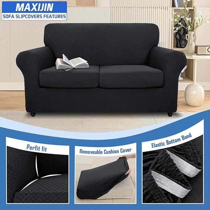 MAXIJIN 3 Piece Jacquard Couch Covers for 2 Cushion Couch Stretch Non Slip Love Seat Couch Cover for Dogs Pet Friendly Elastic Furniture Protector Loveseat Slipcovers (Loveseat, Black)