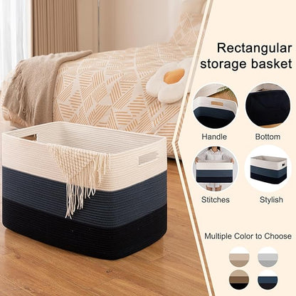 OIAHOMY 108L Super Large Blanket Basket, 25”x16”x16” Rectangle Woven Baskets for Storage, Cotton Rope Basket For Living Room, Toy Storage with Handle - Gradient Blue