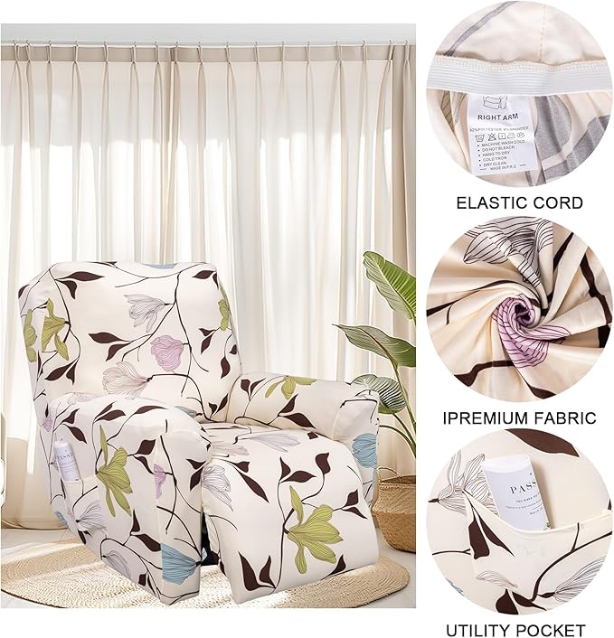 FUANGUI Recliner Chair Cover 4-Pieces Lazyboy Cover for Recliner Chair with Storage Pockets Furniture Protector for Living Room, Jacquard Sofa Slipcover for Kids, Pets, Dog and Cat, 14