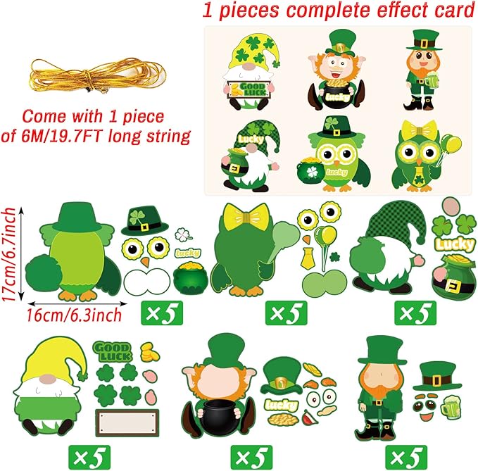 chiazllta 30 PCS St. Patricks Day Craft Kits for Kids DIY Leprechauns Shamrock Owl Gnome Sticker Craft Ornament St. Patricks Art Craft for Party Home Class School Game Activities