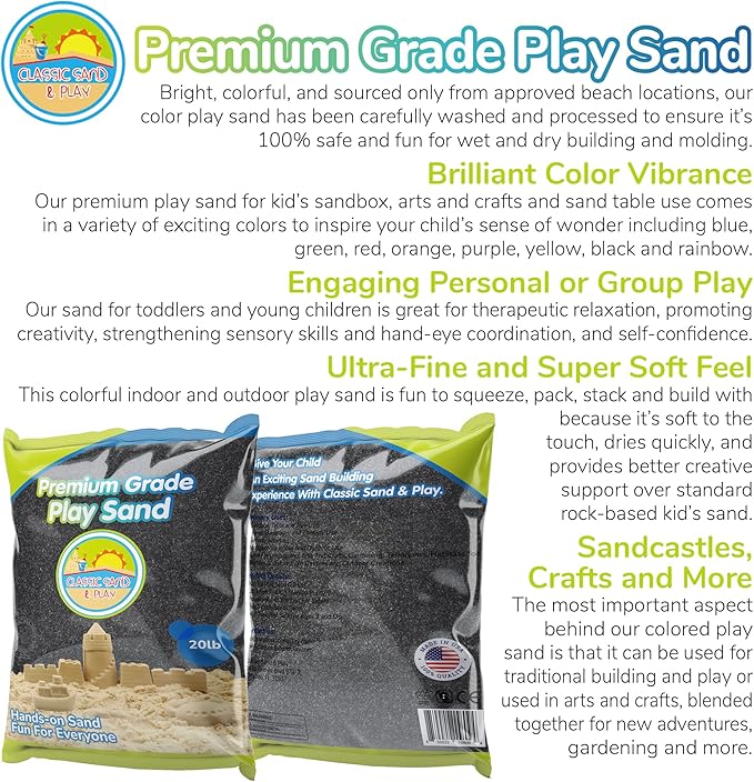 Classic Sand and Play Black Colored Play Sand, 20 lb. Bag, Natural and Non-Toxic, Fun Wet and Dry Indoor and Outdoor, Sandbox, Therapy, and Table Use, Building, Stimulate Sensory Needs
