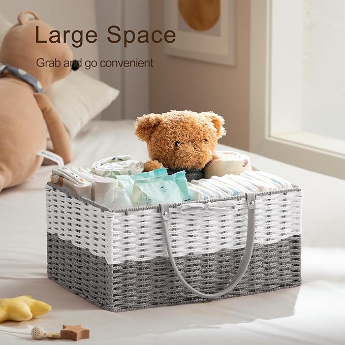 HBlife Baby Diaper Caddy Organizer, Paper Rope Storage Baskets Nursery Bin with Removable Divider, Portable Car Organizer for Diapers, Baby Shower Gifts, Newborn Essentials Must Haves