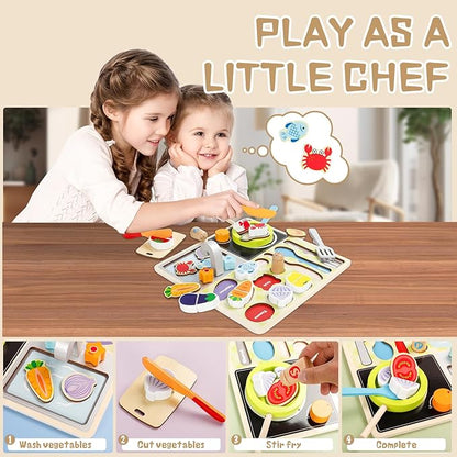 Wooden Toddler Kitchen Toy Set simulates Cooking, Chopping, stir-Frying, Food Shape Matching Games Toddler Kitchen Set for Boys and Girls Ages 3, 4, 5, 6，Gift for Kids
