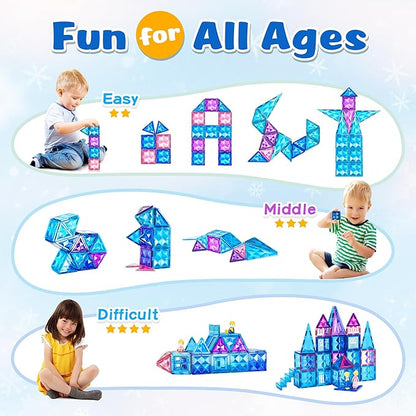 102pcs Frozen Castle Magnetic Tiles - 3D Diamond Building Blocks, STEM Educational Kids Toys for Pretend Play, 3 4 5 6 7 8 Year Old Girl Birthday Gifts for Your Princess and Prince