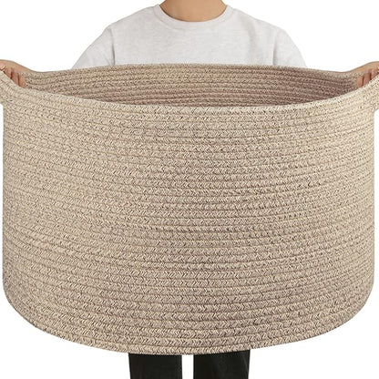 OIAHOMY 90L Blanket Basket for Living Room, Large Basket 23" x 23" x 13" with Handle, Laundry Hamper for Blankets, Pillows, Toy Storage for Kids, Dogs - Brown