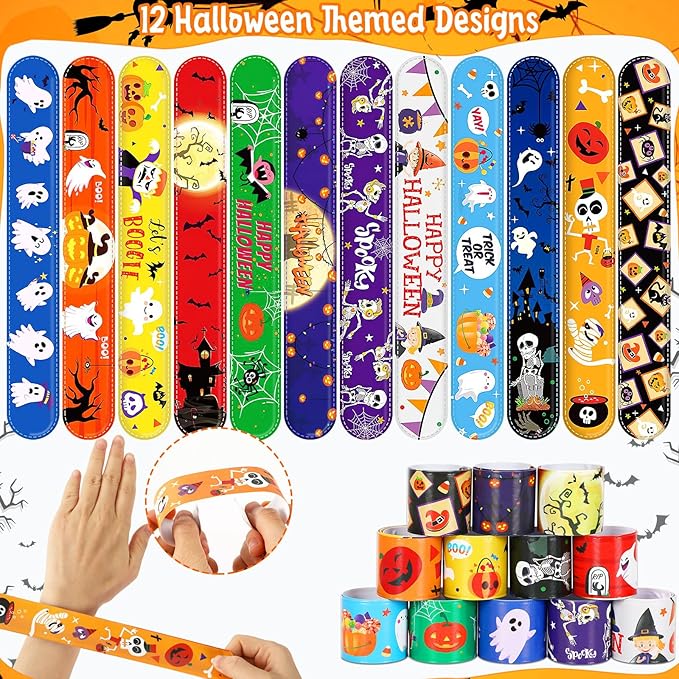 JUNEBRUSHS 56 Pack Halloween Slap Bracelets for Halloween Slap Bands Wristband Halloween Party Favors Snap Bracelets Bulk for Birthday Gifts Toys Party Bag Fillers
