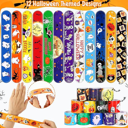 JUNEBRUSHS 56 Pack Halloween Slap Bracelets for Halloween Slap Bands Wristband Halloween Party Favors Snap Bracelets Bulk for Birthday Gifts Toys Party Bag Fillers