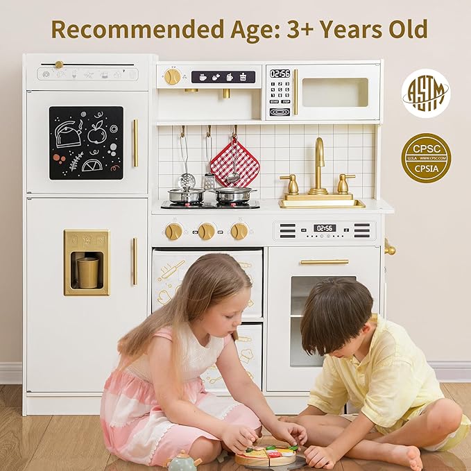 Play Kitchen Sets for Kids Ages 4-8 Pretend Wooden Kids Kitchen Playset Toy Kitchen with Real Sound& Light &Toy Storage System&12 Pcs Toddler Kitchen Accessories, for Boys and Girls,White Gold