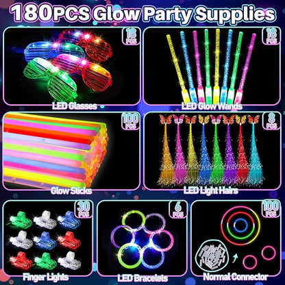 180PCS Glow in the Dark Party Supplies, 18PCS Light Up Wand, 18PCS LED Glasses, 30PCS Finger Lights and 100PCS Glow Sticks Necklaces Bracelets, Light Up Party Favors for Kids Adults, Wedding, Birthday