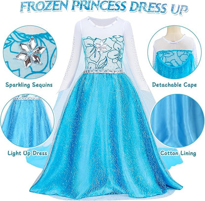 G.C Girls Light Up Elsa Dress Costume Toddler Princess Dress Up with Cape Kids Elsa Wig Crown Toys Halloween Cosplay