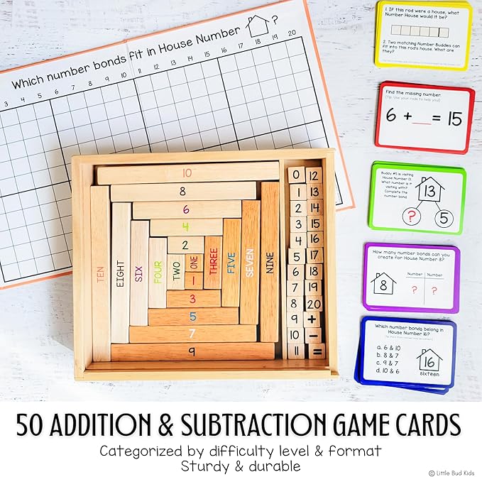 LITTLE BUD KIDS House of Number Buddies Math Game, a Number Bonds Math Toy with Number Rods and Addition & Subtraction Flash Cards, a Montessori Material for Kids 4-8 Years Old