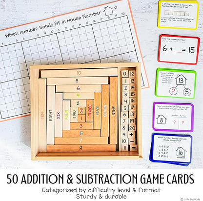 LITTLE BUD KIDS House of Number Buddies Math Game, a Number Bonds Math Toy with Number Rods and Addition & Subtraction Flash Cards, a Montessori Material for Kids 4-8 Years Old