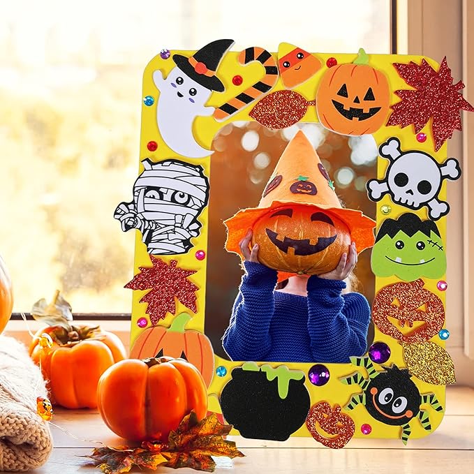 Winlyn 12 Sets Halloween Craft Kits Fall Kids Crafts DIY Halloween Picture Frame Decorations Art Sets Pumpkin Ghost Monster Foam Stickers Arts and Crafts for Kids Halloween Classroom Party Activities