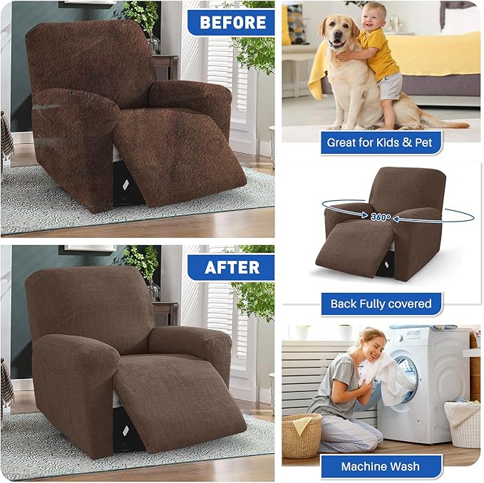 MAXIJIN Waterproof Recliner Chair Covers 3 Pieces Recliner Cover That Stay in Place, Washable Lazy Boy Recliner Slipcovers with Pockets Reclining Protector for Pet, Kids (Recliner, Light Coffee)