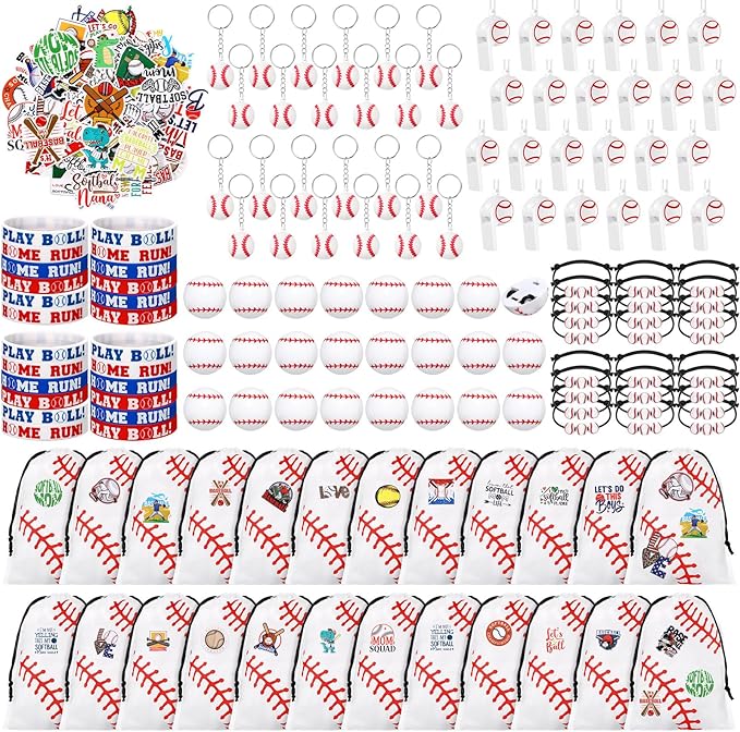 Aoriher 194 Pcs Baseball Party Favors Set Sport Silicone Bracelet Sport Car Keychain Whistle for Girls Boys Birthday Gifts Sport Themed Party Supplies
