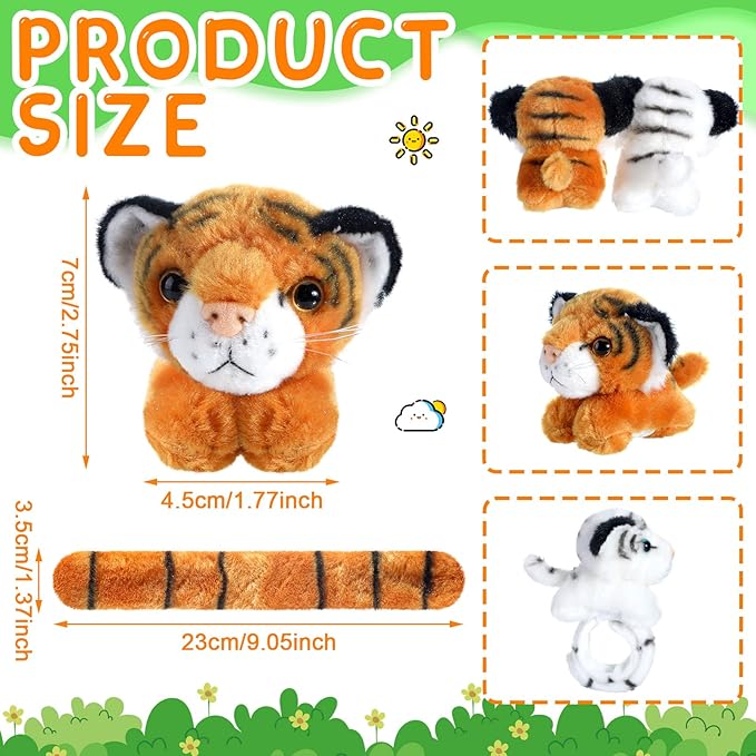 Sosation 6 Pcs Stuffed Animal Slap Bracelets for Kids Hug Slap Bracelet Bulk Tiger Leopard Stuffed Animal Plush Kids Toy for Halloween Birthday Gifts Party Favors(Tiger Style)
