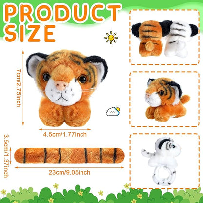 Sosation 6 Pcs Stuffed Animal Slap Bracelets for Kids Hug Slap Bracelet Bulk Tiger Leopard Stuffed Animal Plush Kids Toy for Halloween Birthday Gifts Party Favors(Tiger Style)