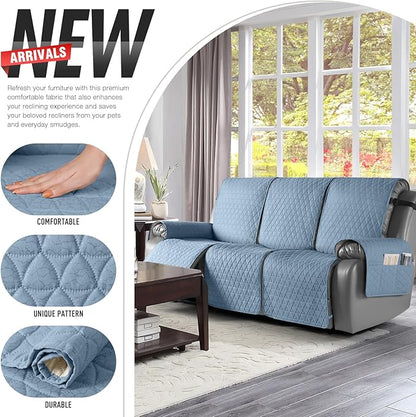 TAOCOCO 100% Waterproof Recliner Sofa Cover-Non Slip Split Couch Covers for Reclining Couches with Elastic Straps,Couch Covers for 3 Cushion Couch Sofa Pet Friendly(Sky Blue, 3 Seater)