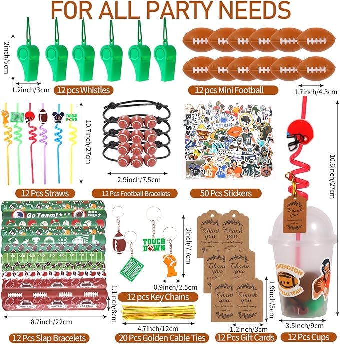 LiYiQ 158 Pcs Football Party Favors Football Party Supplies with Cup Straw Stress Ball Keychain Sticker Slaps Bracelets Whistle Thank You Tags for Football Birthday Decorations