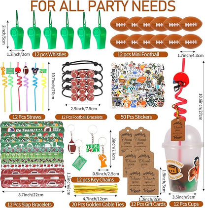 LiYiQ 158 Pcs Football Party Favors Football Party Supplies with Cup Straw Stress Ball Keychain Sticker Slaps Bracelets Whistle Thank You Tags for Football Birthday Decorations