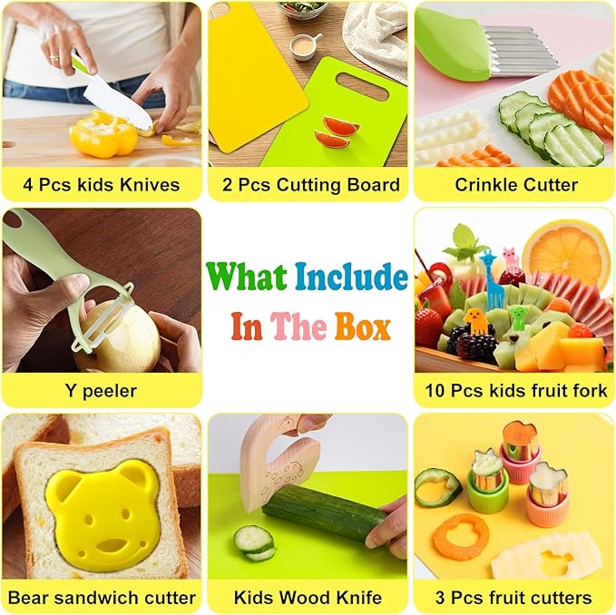 23 PCS Kids Cooking Sets, Kitchen Tools for Toddlers' Real Cooking, Kids Kitchen Knife Set with Cutting Board Kid Safe Knives Peeler Sandwich Cutters Crinkle Cutter, for Girls Boys