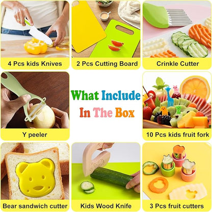 23 PCS Kids Cooking Sets, Kitchen Tools for Toddlers' Real Cooking, Kids Kitchen Knife Set with Cutting Board Kid Safe Knives Peeler Sandwich Cutters Crinkle Cutter, for Girls Boys