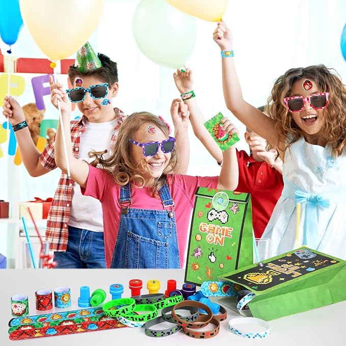 LiYiQ 122 Pcs Video Game Party Favors With Video Game Sunglasses Slap Bracelets Notebook Stamps Stickers and Gift Bag for Video Game Gamer Birthday Party Supplies