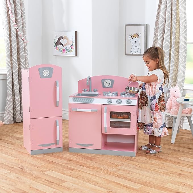 KidKraft Retro Wooden Play Kitchen and Refrigerator 2-Piece Set with Faucet, Sink, Burners and Working Knobs, Pink, Gift for Ages 3+
