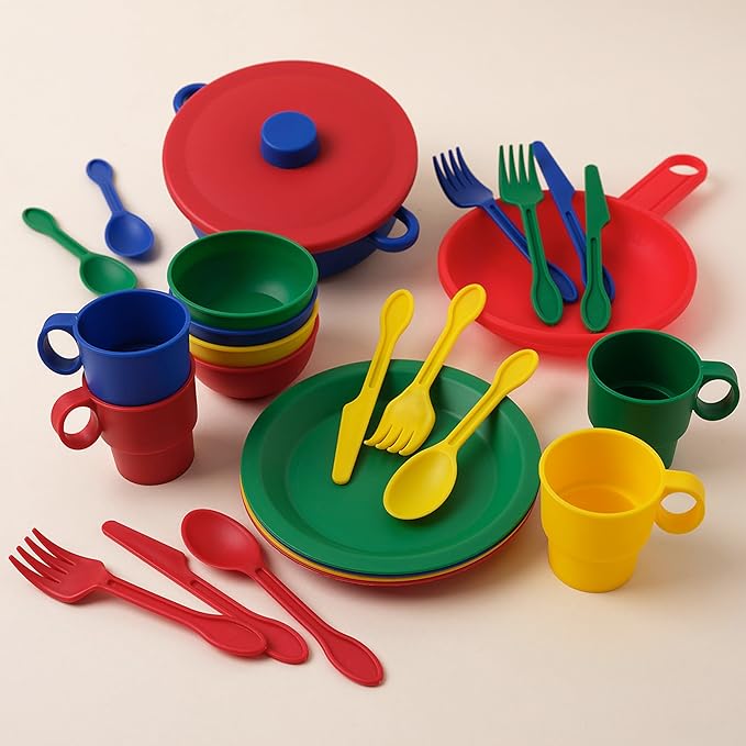 KidKraft 27-Piece Primary Colored Cookware Set, Plastic Dishes and Utensils for Play Kitchens, Gift for Ages 18 mo+