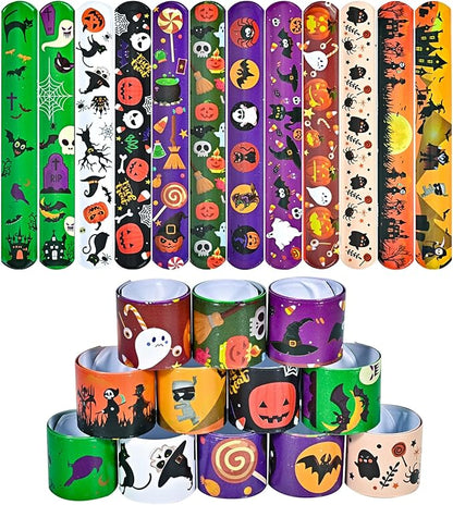 48pcs Halloween Slap Bracelets,Assorted Snap Bracelet Pumpkin Witch Wristbands for Kids Trick or Treat Halloween Party Favors Supply
