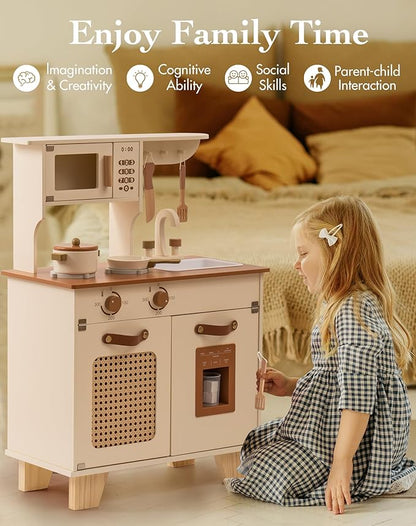 ROBUD Kids Kitchen Playset, Mocha Montessori Wooden Play Kitchen with Ice Dispenser, Pretend Toddlers Kitchen Toy with Accessories, Baby Gift for Ages 3 4 5 6 7 8