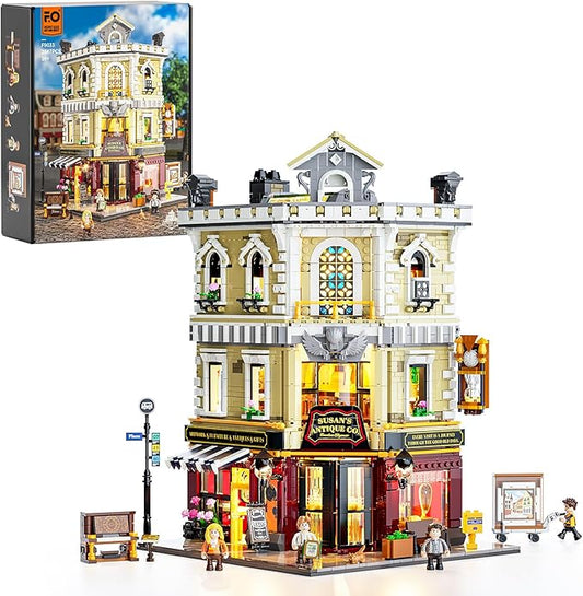 FUNWHOLE Antique-Store Lighting Building-Bricks Set - City Town Corner Collectibles Shop LED Light Modular Building Model Set 2847 Pcs for Adults and Teen