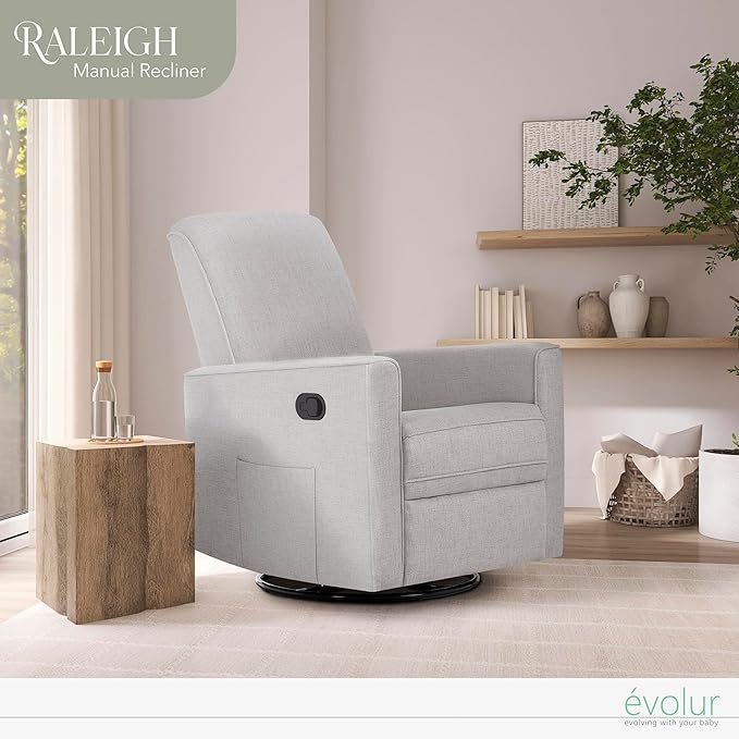 Evolur Raleigh Glider in Fog, Upholstered Plush Seating 360° Swivel Glider Rocking Chair, FSC Certified, Greenguard Gold & JPMA Certified Nursery Glider Recliner