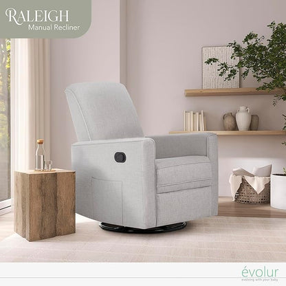 Evolur Raleigh Glider in Fog, Upholstered Plush Seating 360° Swivel Glider Rocking Chair, FSC Certified, Greenguard Gold & JPMA Certified Nursery Glider Recliner