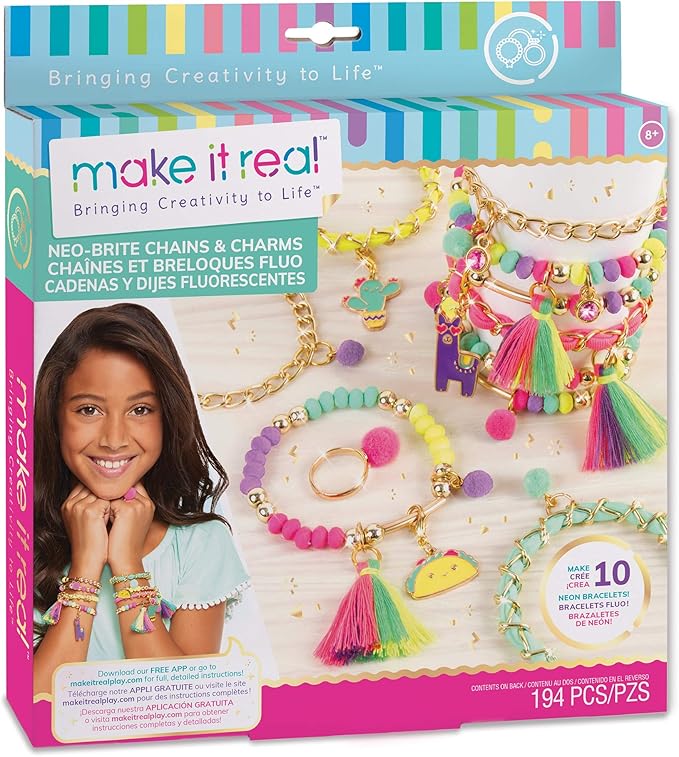 Make It Real: Neo-Brite Chains & Charms Kit - Create 10 Unique Cord & Tassel Charm Bracelets, 195 Pieces, Includes Play Tray,DIY Playful Charm & Jewelry Kit, Tweens & Girls, Arts & Crafts, Ages 8+