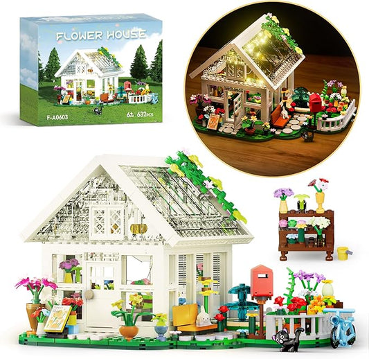 Flower House Building Set with LED Lights,Flower Shop Building Kits Creative Floral Greenhouse Kit for Girls Age 6+ (625PCS)