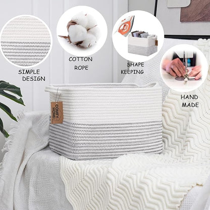 COMFY-HOMI Cotton Rope Woven Basket with Handles for Shelves,Toys,Book, Cloth Storage Baskets Bin for Organizing-13.5"x11"x9.5" Toy Decorative Organizer for Living Room, Bathroom-White/Black Line