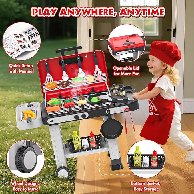 86PCS Kids Play Kitchen Toys: Kids Grill Playset with Smoke, Sound, Light, UV&Water Color-Changing Play Food, Pretend Kids Kitchen Playset, Interactive BBQ Outdoor Toys, Birthday Gift for Toddler