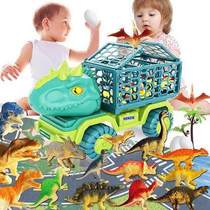 HONGID Dinosaur Truck Toys for Kids 3-5,Tyrannosaurus Car Toy with 15 Dino Figures,Large Activity Play Mat, Dinosaur Eggs, Dinosaur Play Set for Boys and Girls,Christmas Xmax,Stocking Stuffers