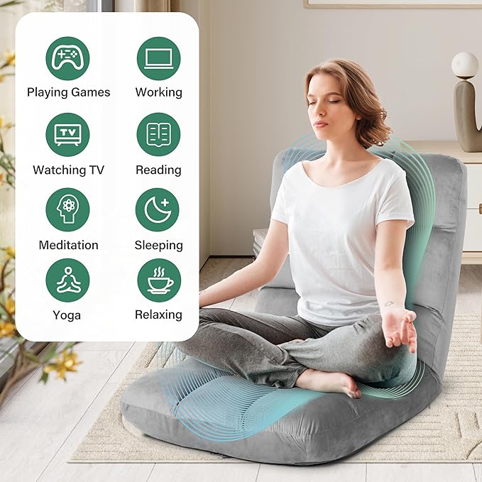 YSSOA Floor Chair Folding with Back Support Convertible Comfy Chair Memory Foam Padded Sleeper Recliner Sofa Chair Gaming Chair Floor for Bedroom Working Meditation Reading Adults Kids Grey