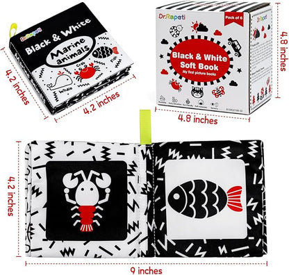Dr.Rapeti Soft Cloth Books Baby Books Bath Books 6-Pack for Baby Infant Toddler Kids High Contrast Black and White Crinkle Washable Chewable Non-Toxic Early Educational Giftable