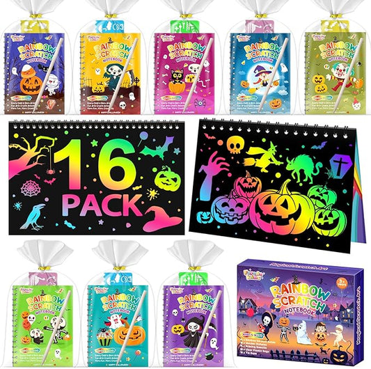 Halloween Scratch Art Party Favors: 16 Pack Rainbow Scratch Notebook Paper Party Favors for Kids Halloween Goodie Bags Stuffers Girls Boys Art Craft Birthday Gifts for Students Classroom Crafts