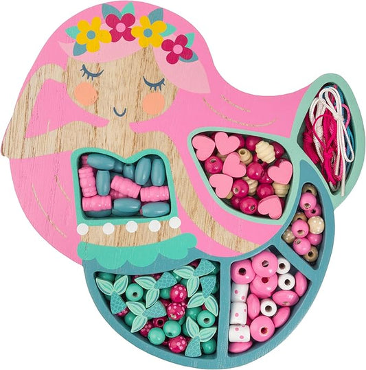 Stephen Joseph, Wooden Bead Kit for Kids, 125 Wooden Beads with 4 Necklace and 4 Bracelet Cords with Reusable Wooden Tray, Premium Wood Jewelry Making Kit for Kids, Mermaid