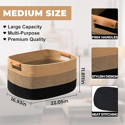 danpinera Large Blanket Basket for Living Room,72 L Rectangle Toy Storage Basket for Nursery Room, Woven Rope Storage Box with Leather Handle, 22’’*17’’*11.8’’, Gradient Linen