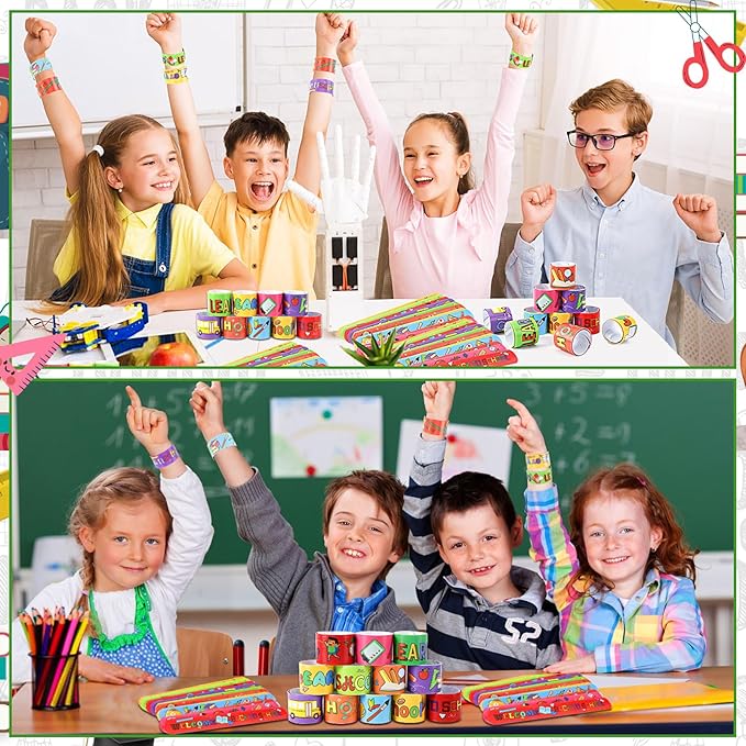 JUNEBRUSHS Back to School Slap Bracelets, 56 Pcs Welcome Back to School Gifts for Kids Students Party Favors Colorful Snap Bracelets Wristbands for First Day of School Party Supplies Decorations