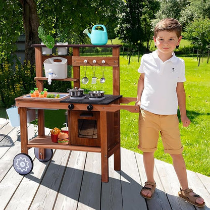 ROBOTIME Mud Kitchen for Kids Outdoor, Wooden Kids Kitchen Playset with Wheels, Outdoor Play Kitchen with Accessories, Fun Backyard Pretend Outdoor Toy Kitchen for Boys Girls Ages 3+